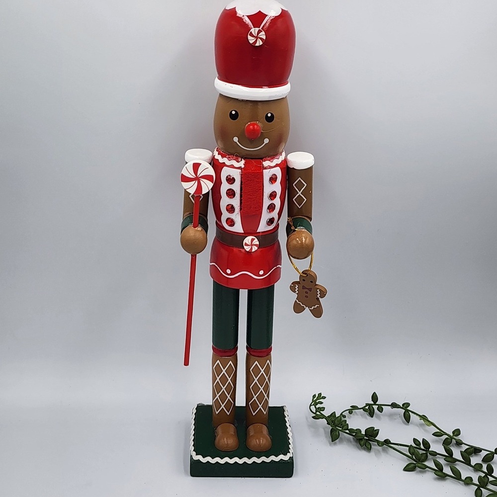 Gingerbread Man Soldier Nutcracker Wood Red Candy Cookie Christmas Decor 15"